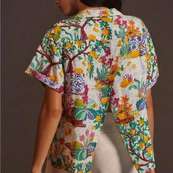 Anthropologie Linen Viscose Blend Classic Surf Shirt Top Novelty Lemon Small - Picture 2 of 8